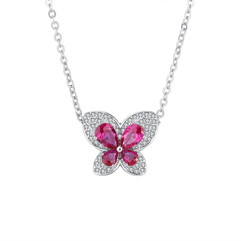 Elegant Butterfly-Shaped Ruby Cubic Zirconia Pendant Necklace for Women – Copper Alloy Chain with Sparkling Design