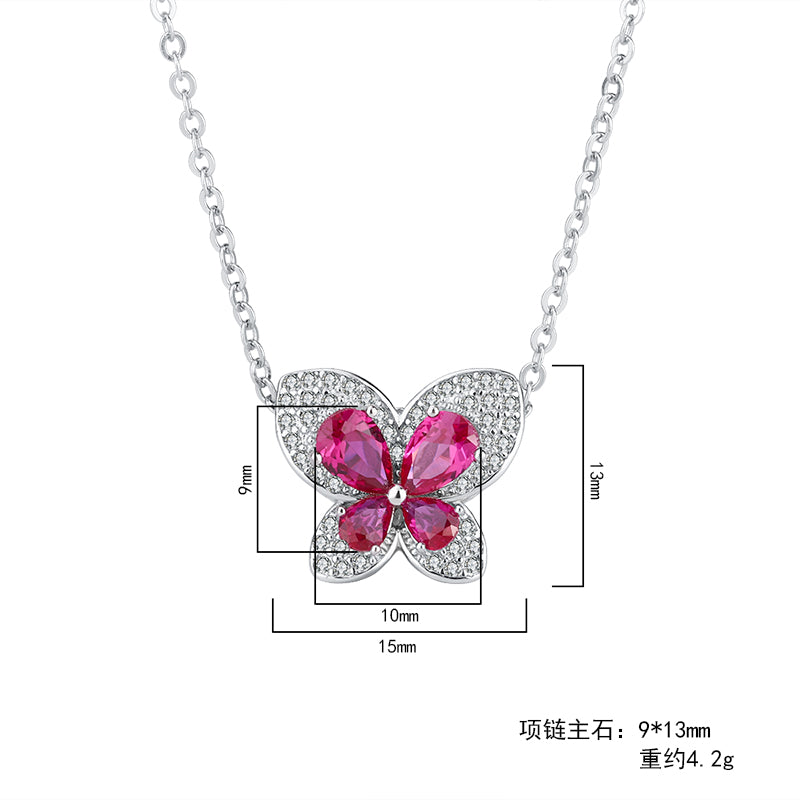 Elegant Butterfly-Shaped Ruby Cubic Zirconia Pendant Necklace for Women – Copper Alloy Chain with Sparkling Design