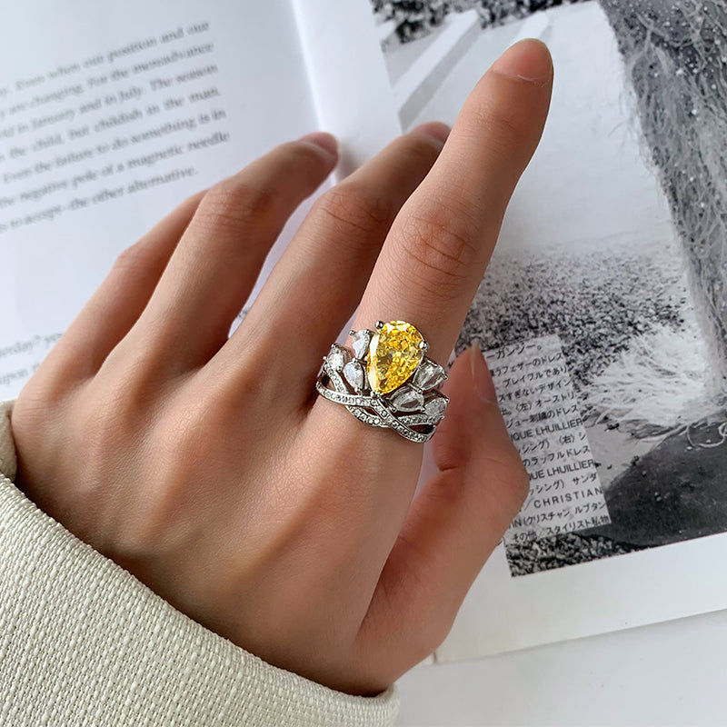 Luxury Pear-Cut Colored Cubic Zirconia Ring for Women – 2 Styles (Yellow, Purple) with Copper Alloy Setting