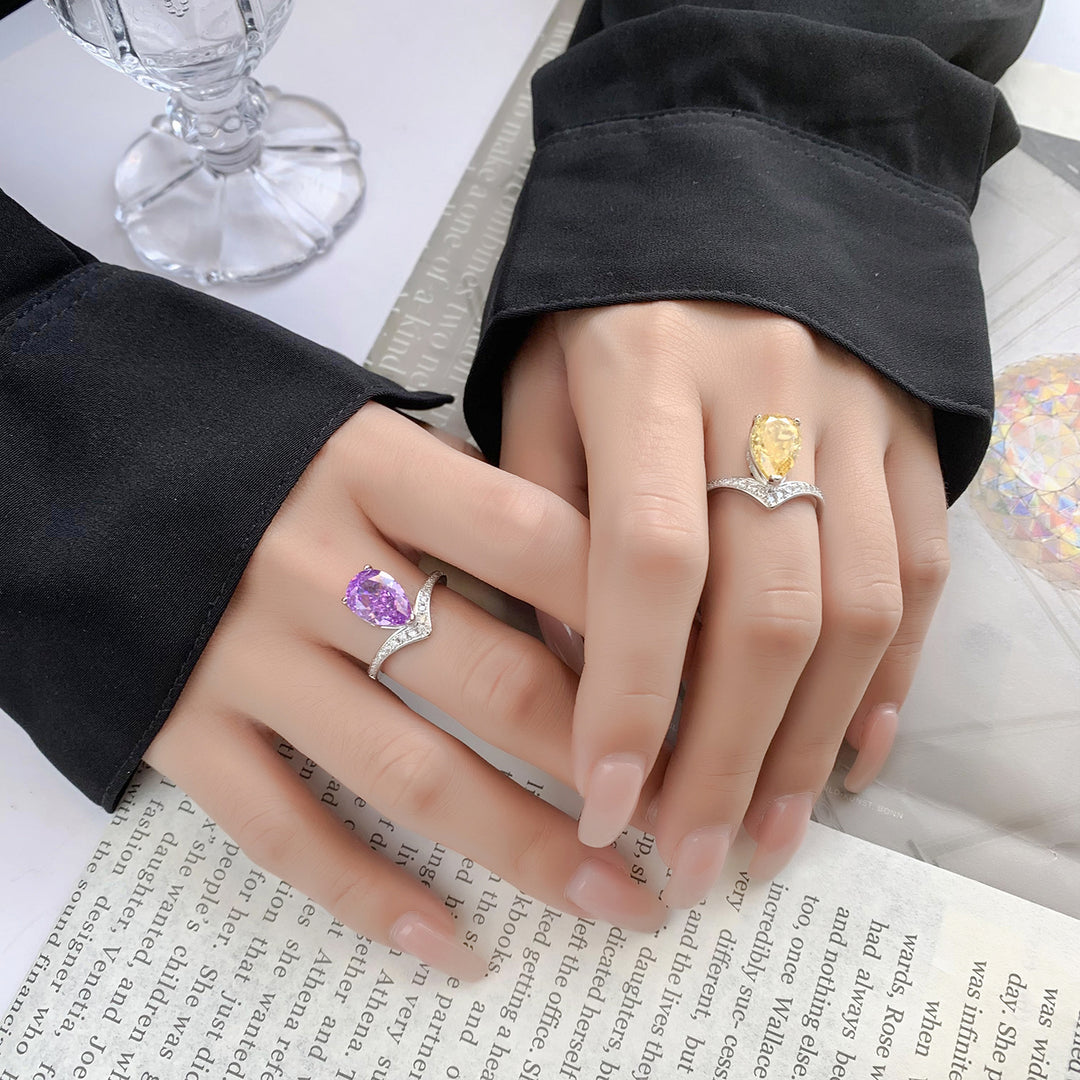 Luxury Pear-Cut Colored Cubic Zirconia Ring for Women – 2 Styles (Yellow, Purple) with Copper Alloy Setting