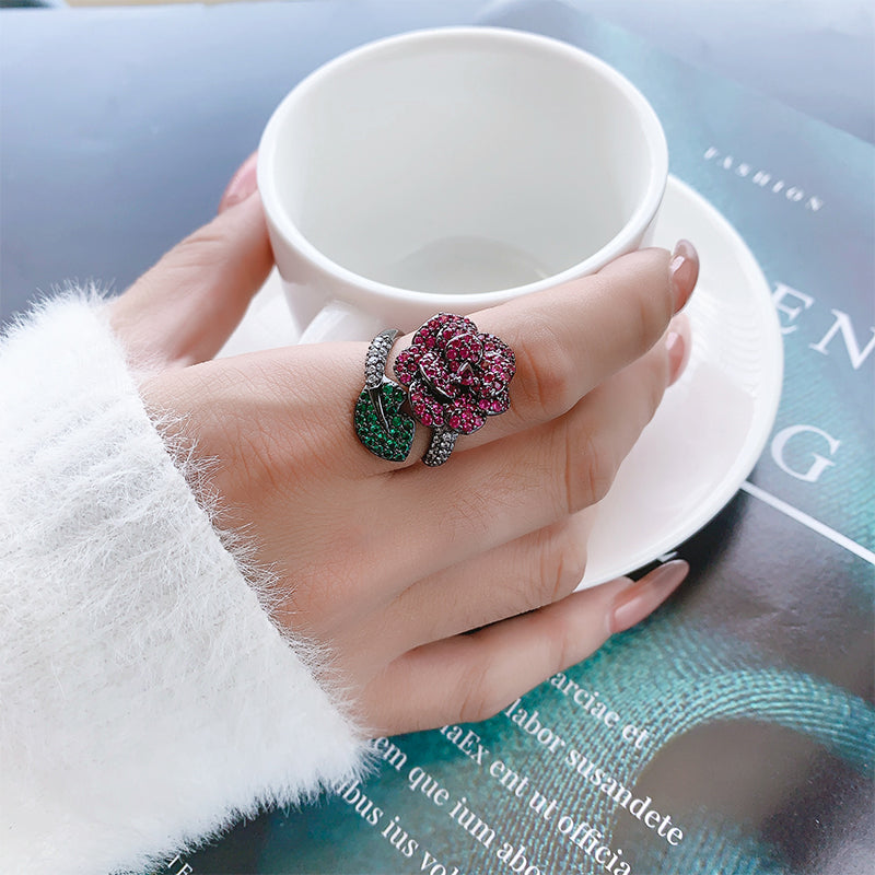 Vintage Rose Flower Ring for Women – Black Plated Copper Alloy with Pink, Green Cubic Zirconia Accents