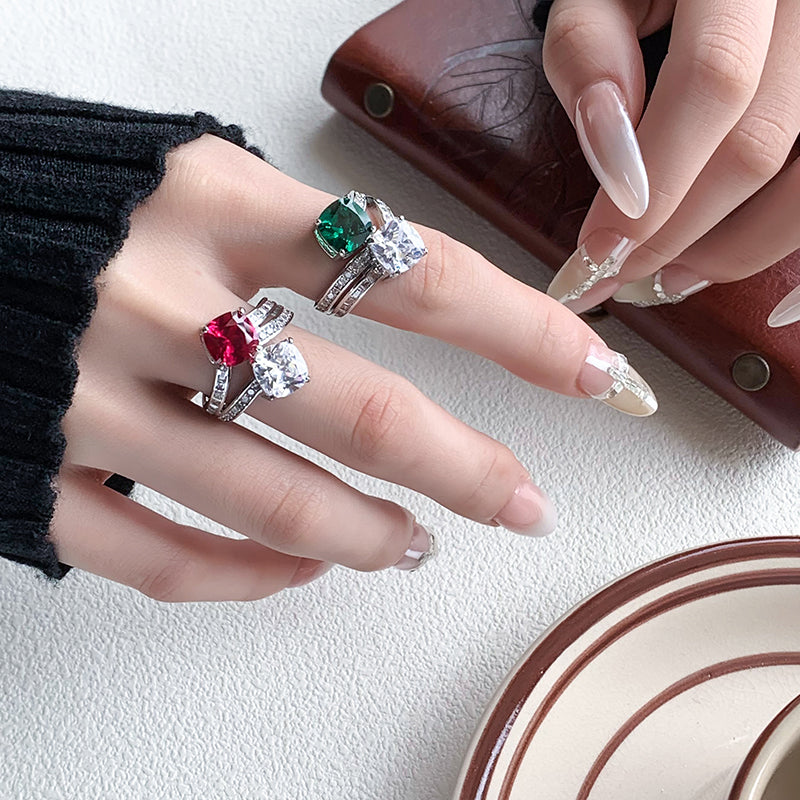 Dual-Stone Cushion-Cut Cubic Zirconia Ring for Women – 3 Styles (Ruby Red, Emerald Green, Sapphire Blue) with Copper Alloy Setting