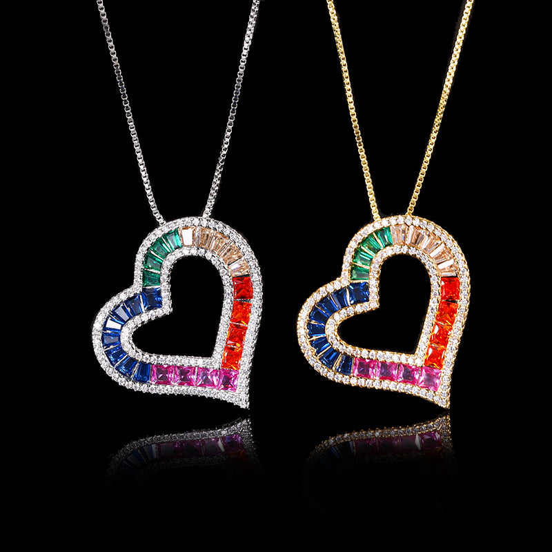 Rainbow Heart Shaped Cubic Zirconia Pendant Necklace for Women – 2 Styles (Silver, Gold) with Copper Alloy Chain