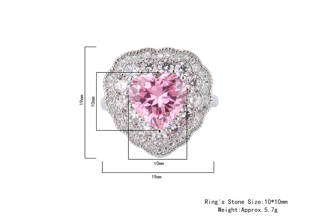 Heart-Shaped Zircon Ring for Women - Pink & Yellow Options, Copper Base with Cubic Zirconia, Vintage Statement Jewelry-ZS173