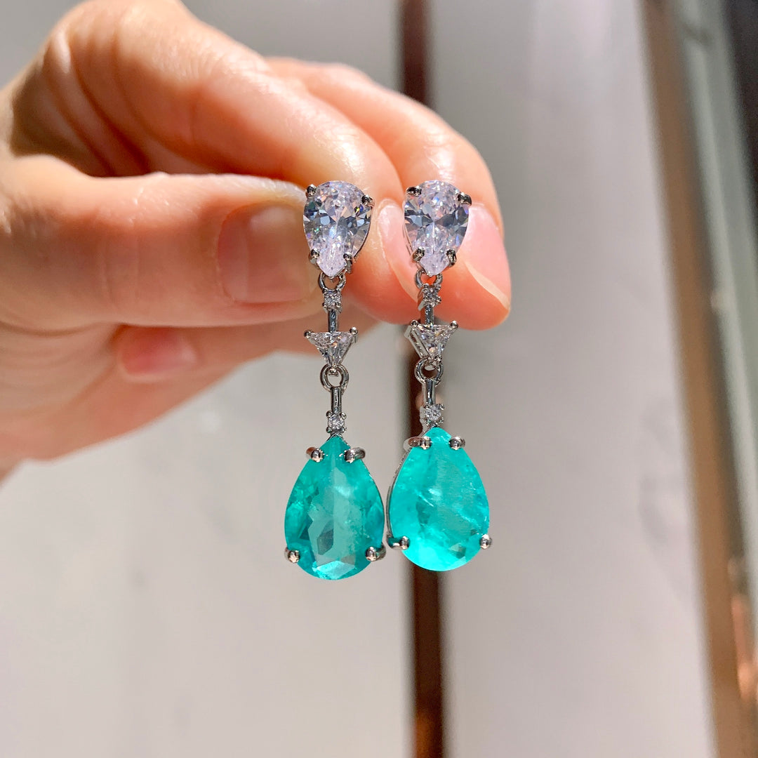 Neon Blue-Green Paraiba Tourmaline-Inspired Drop Jewelry Set – Y-Necklace & Dangle Earrings with Silver-Tone Design