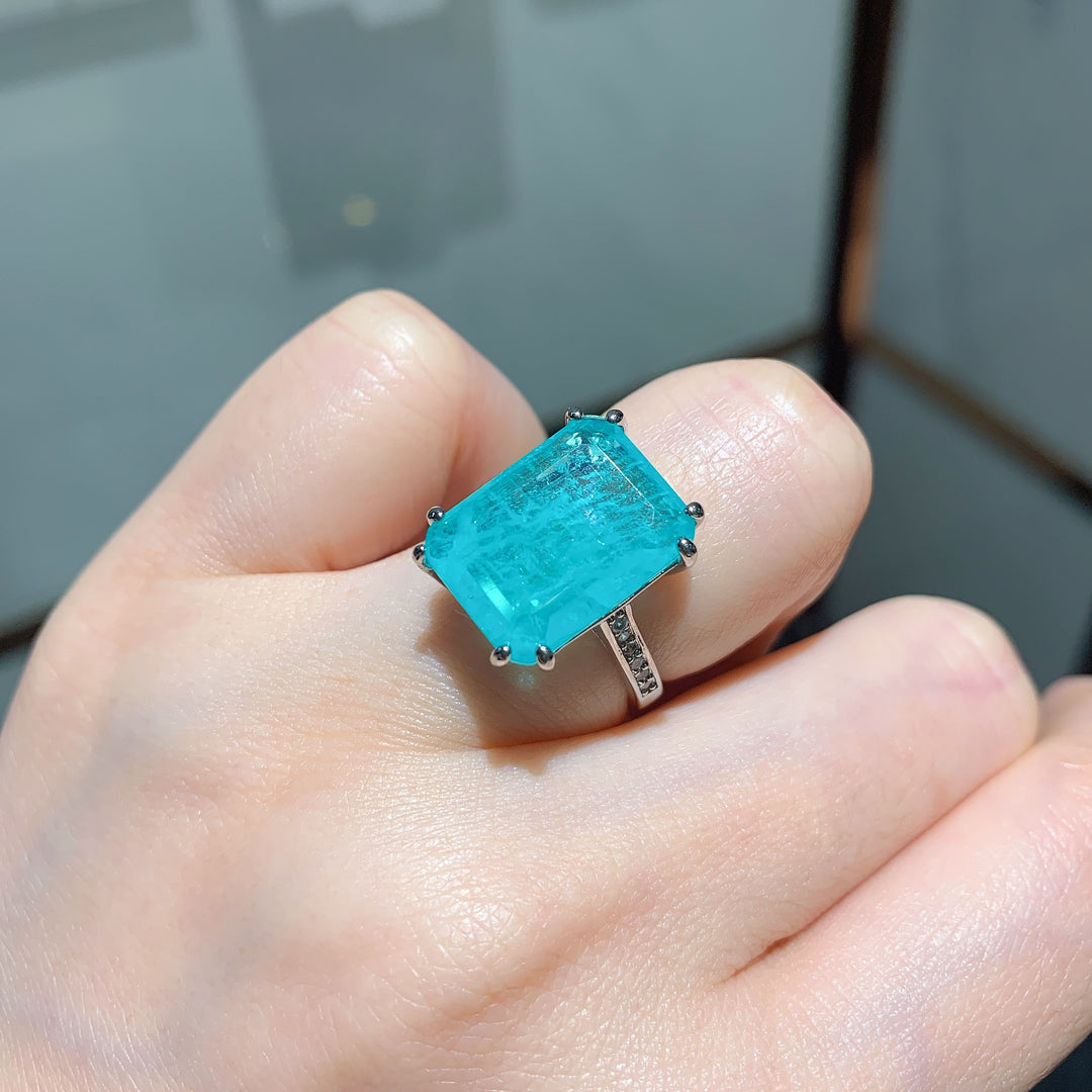 Statement Emerald-Cut Cocktail Ring – Neon Paraiba Blue-Green & Golden Yellow Options with Silver-Tone Design