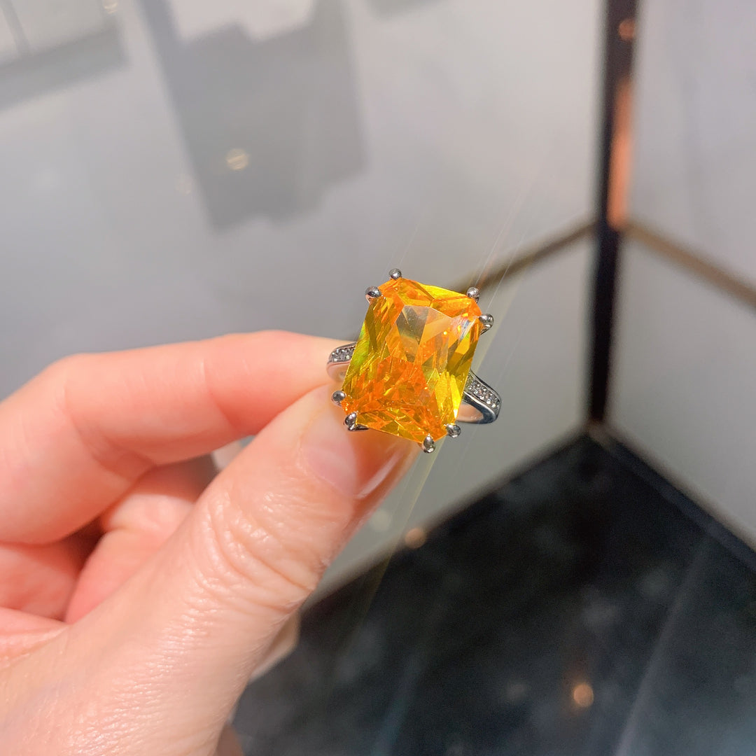 Statement Emerald-Cut Cocktail Ring – Neon Paraiba Blue-Green & Golden Yellow Options with Silver-Tone Design