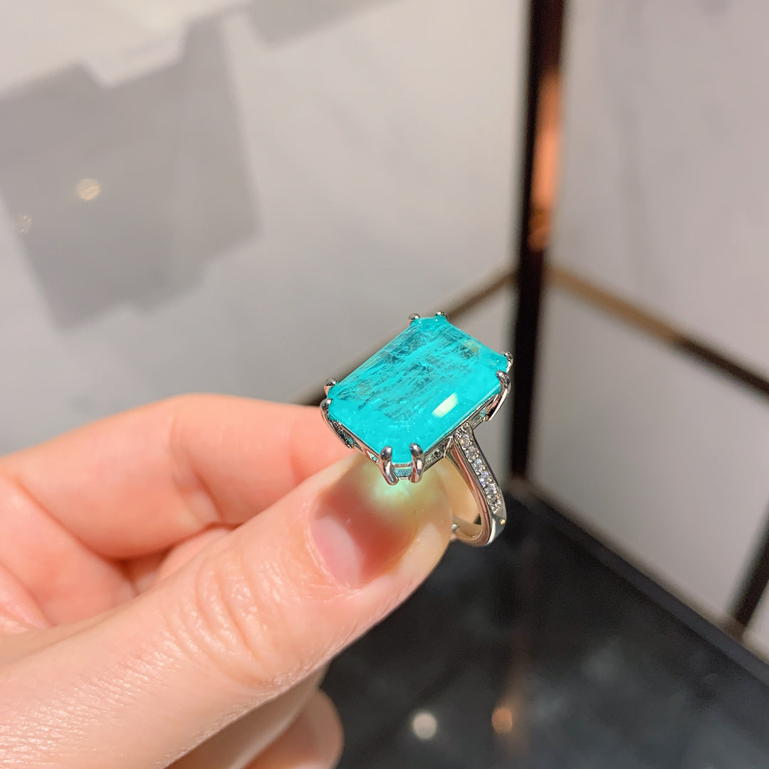 Statement Emerald-Cut Cocktail Ring – Neon Paraiba Blue-Green & Golden Yellow Options with Silver-Tone Design