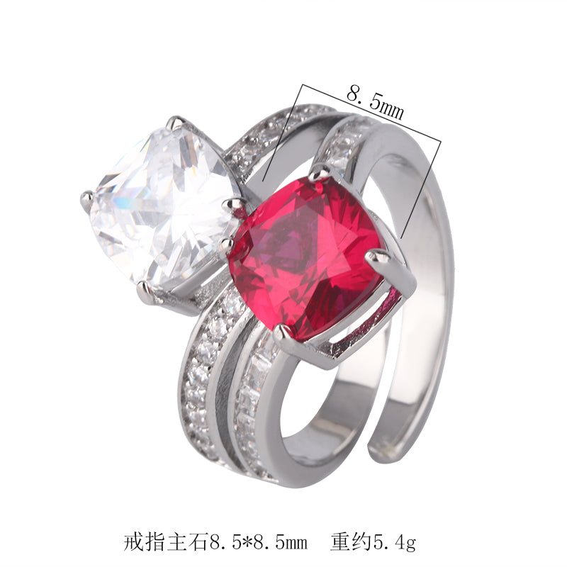 Dual-Stone Cushion-Cut Cubic Zirconia Ring for Women – 3 Styles (Ruby Red, Emerald Green, Sapphire Blue) with Copper Alloy Setting