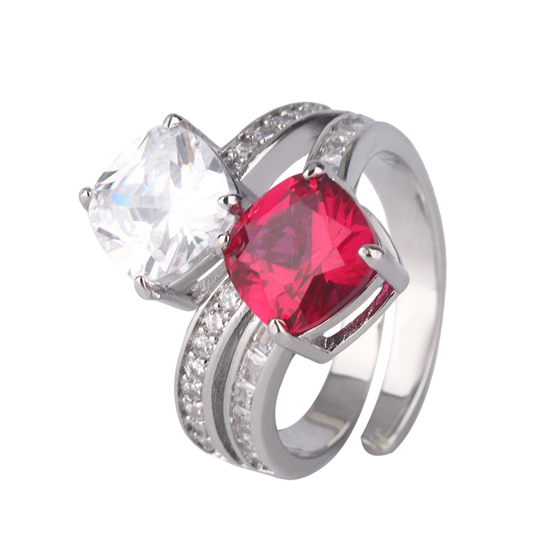 Dual-Stone Cushion-Cut Cubic Zirconia Ring for Women – 3 Styles (Ruby Red, Emerald Green, Sapphire Blue) with Copper Alloy Setting