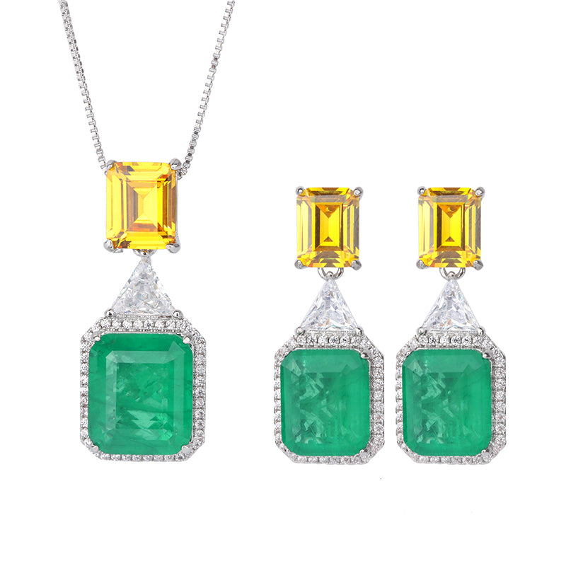 Geometric Two-Tone Cubic Zirconia Jewelry Set – Emerald Green & Sky Blue Options, Necklace & Earrings with Silver-Tone Design