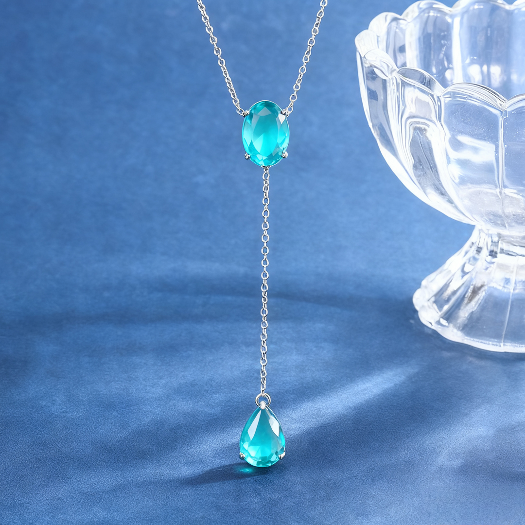 Neon Blue-Green Paraiba Tourmaline-Inspired Drop Jewelry Set – Y-Necklace & Dangle Earrings with Silver-Tone Design