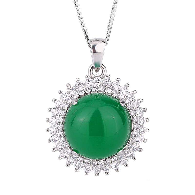 Icy Green Chalcedony Jewelry Set – Ring, Necklace & Earrings with Cubic Zirconia Halo, Silver-Tone Design