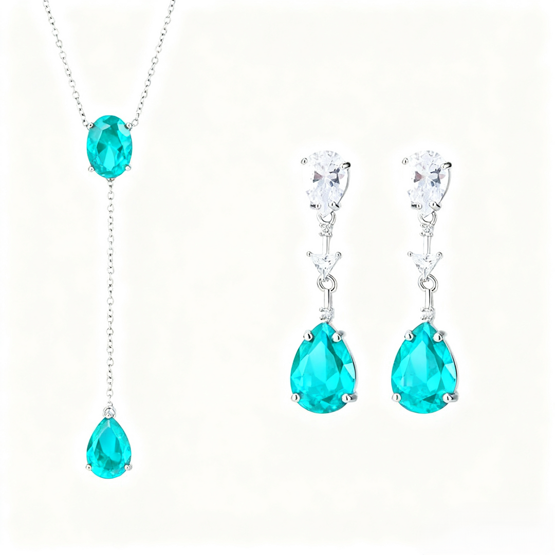 Neon Blue-Green Paraiba Tourmaline-Inspired Drop Jewelry Set – Y-Necklace & Dangle Earrings with Silver-Tone Design