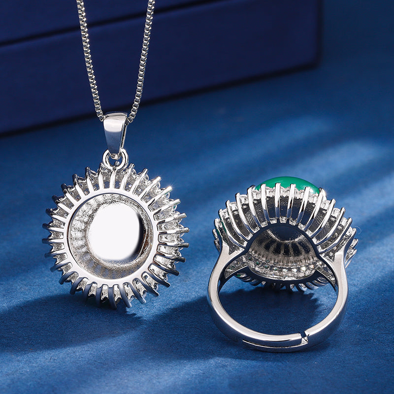 Icy Green Chalcedony Jewelry Set – Ring, Necklace & Earrings with Cubic Zirconia Halo, Silver-Tone Design