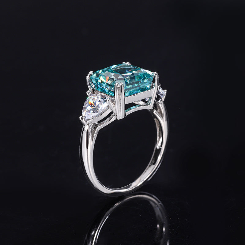 Vintage Asscher-Cut Blue Topaz Cubic Zirconia Ring – Statement Silver-Tone Design with Trillion Accents