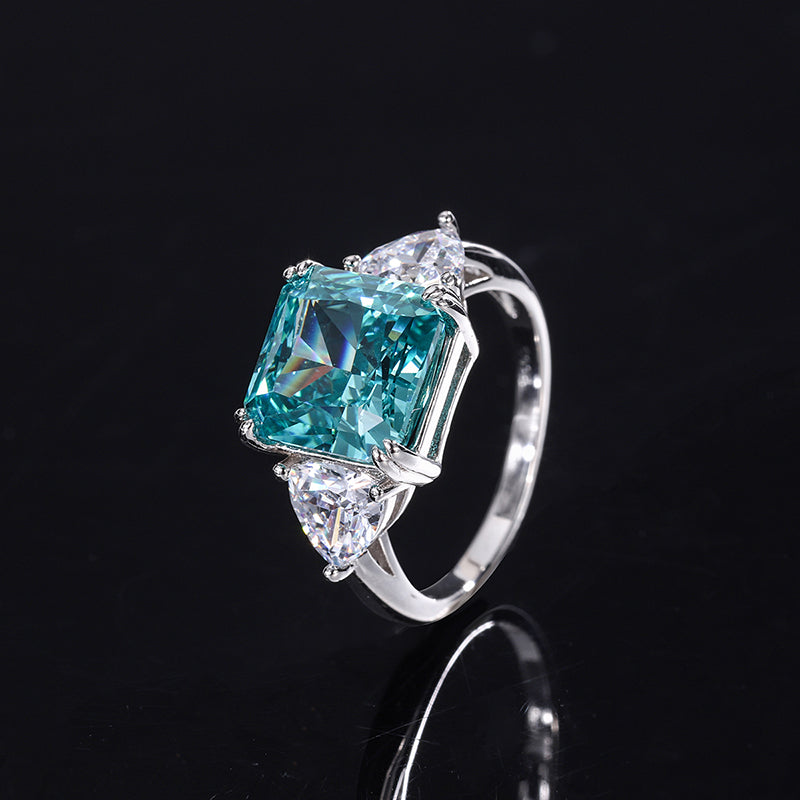 Vintage Asscher-Cut Blue Topaz Cubic Zirconia Ring – Statement Silver-Tone Design with Trillion Accents