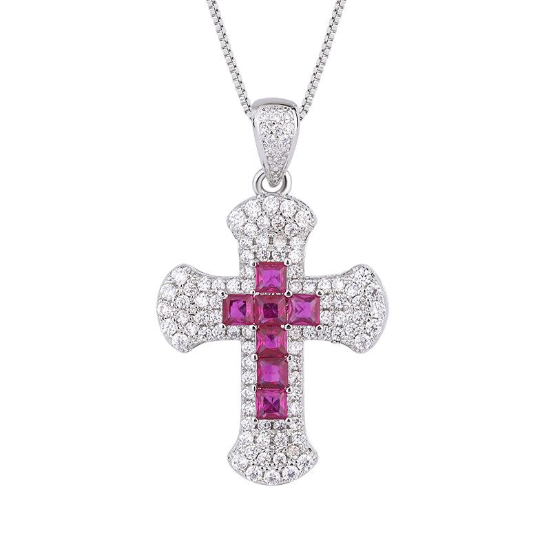Colorful Cubic Zirconia Cross Pendant Necklace for Men Women – 3 Styles (Blue, Red, Green) with Copper Chain