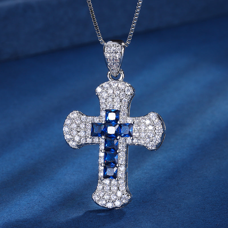 Colorful Cubic Zirconia Cross Pendant Necklace for Men Women – 3 Styles (Blue, Red, Green) with Copper Chain