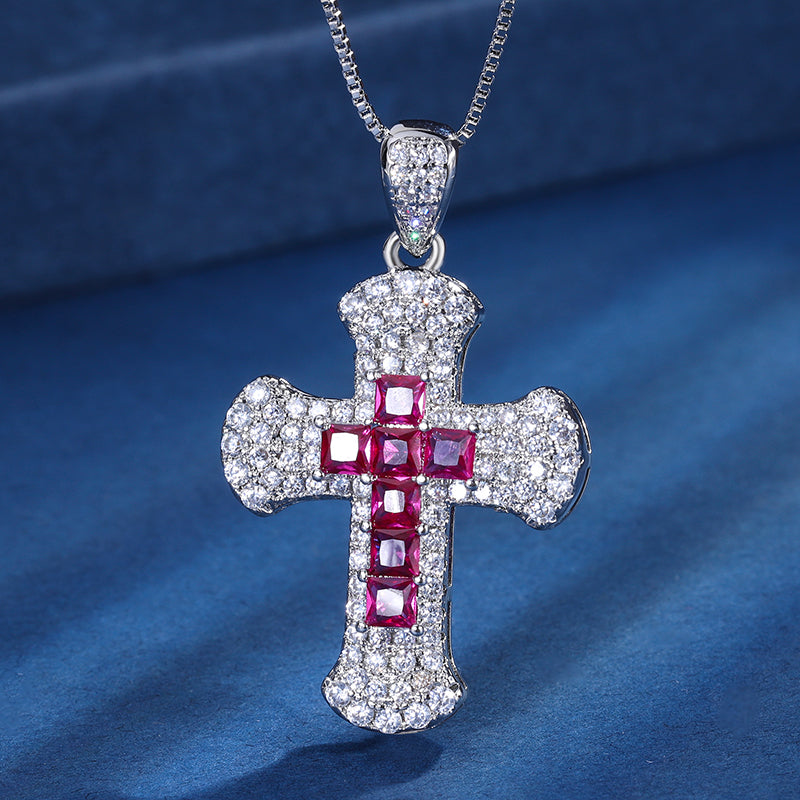 Colorful Cubic Zirconia Cross Pendant Necklace for Men Women – 3 Styles (Blue, Red, Green) with Copper Chain