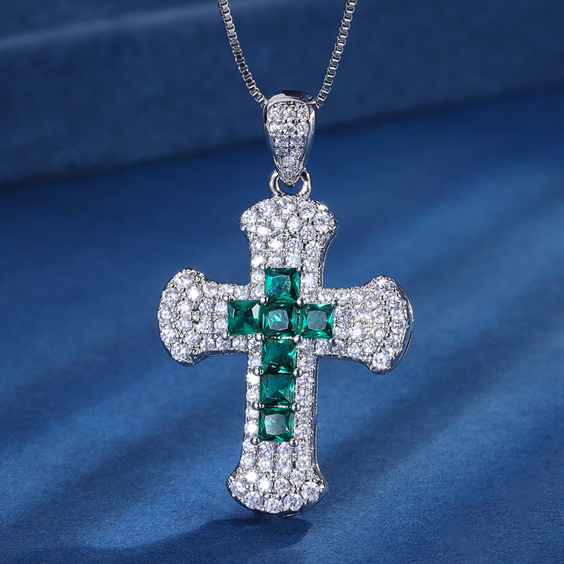 Colorful Cubic Zirconia Cross Pendant Necklace for Men Women – 3 Styles (Blue, Red, Green) with Copper Chain