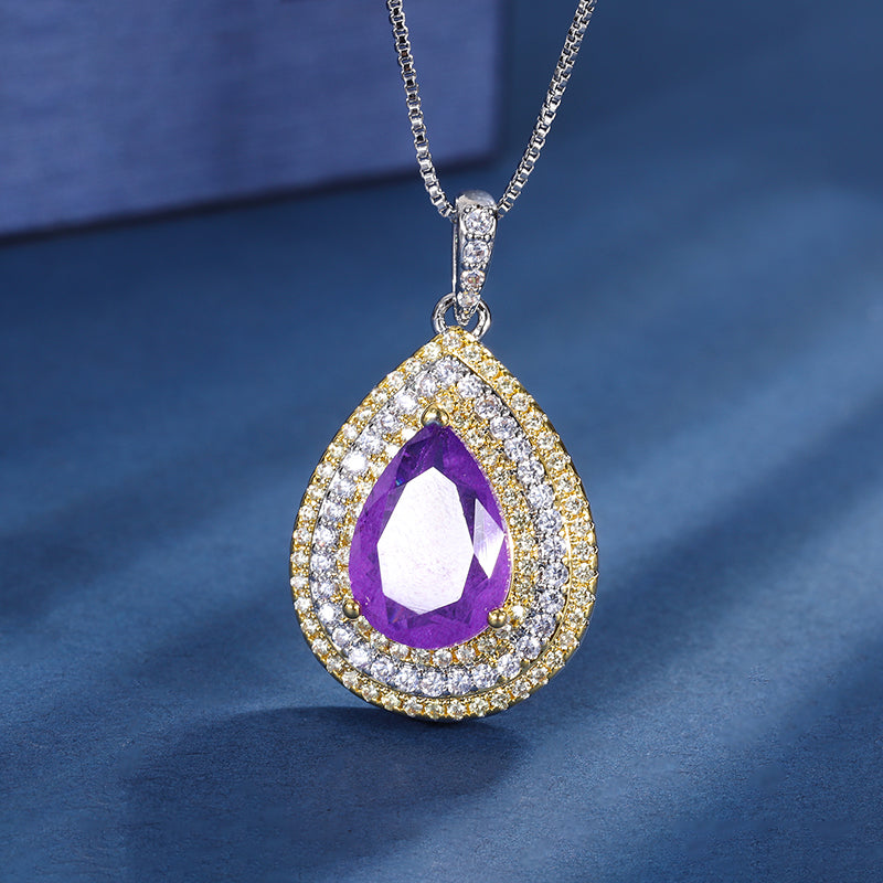 Teardrop Cubic Zirconia Jewelry Set – Pink & Purple Options, Ring, Necklace & Earrings with Two-Tone Gold-Silver Design