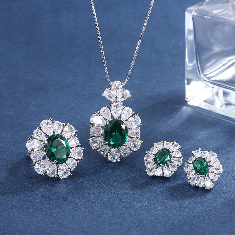 Vintage Green Zircon Jewelry Set - Necklace, Ring & Earrings with Cubic Zirconia, Copper Base Elegant Statement Jewelry for Women