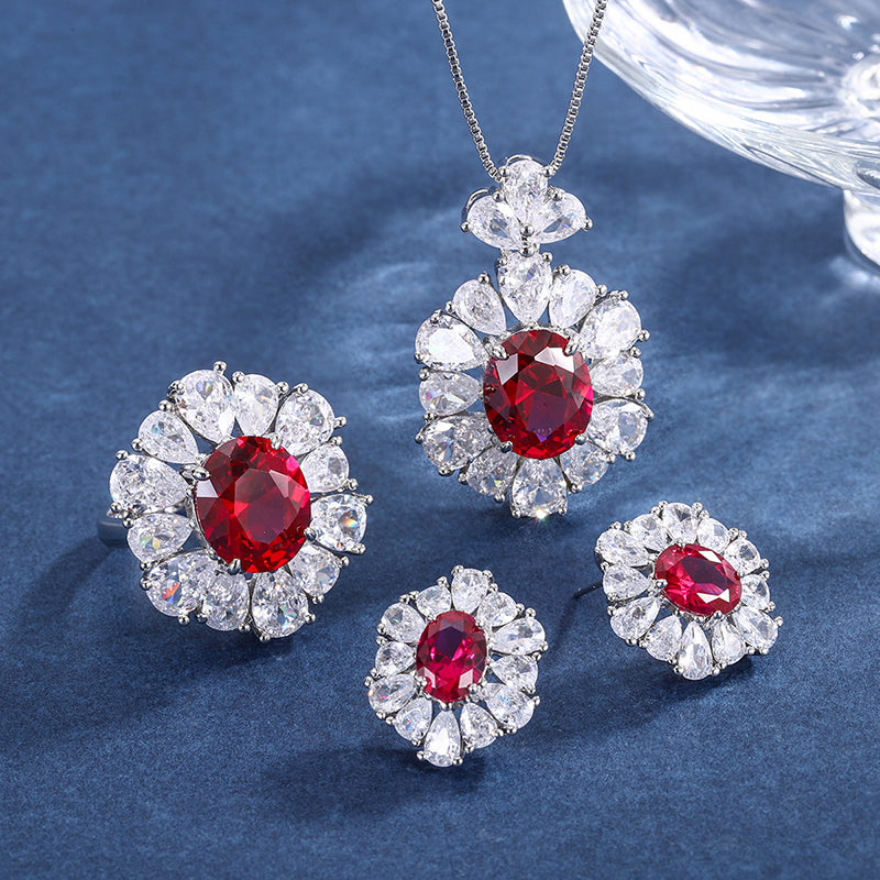 Vintage Red Zircon Jewelry Set - Necklace, Ring & Earrings with Cubic Zirconia, Copper Base Luxury Statement Jewelry for Women