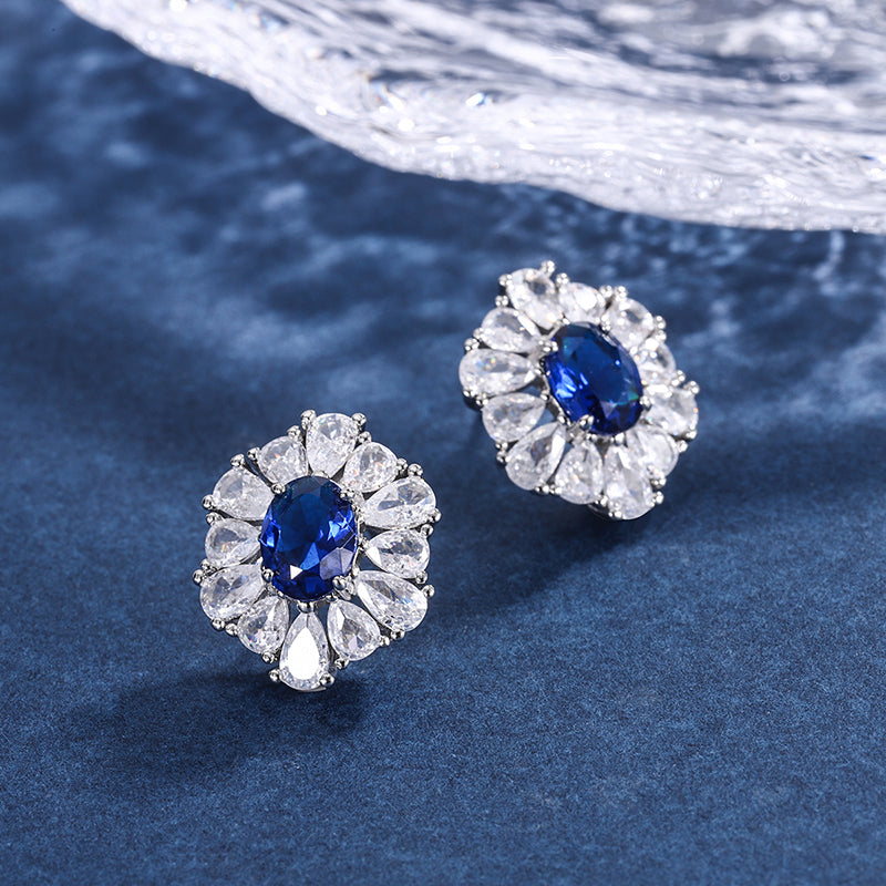 Vintage Blue Zircon Jewelry Set - Necklace, Ring & Earrings with Cubic Zirconia, Copper Base Elegant Statement Jewelry for Women