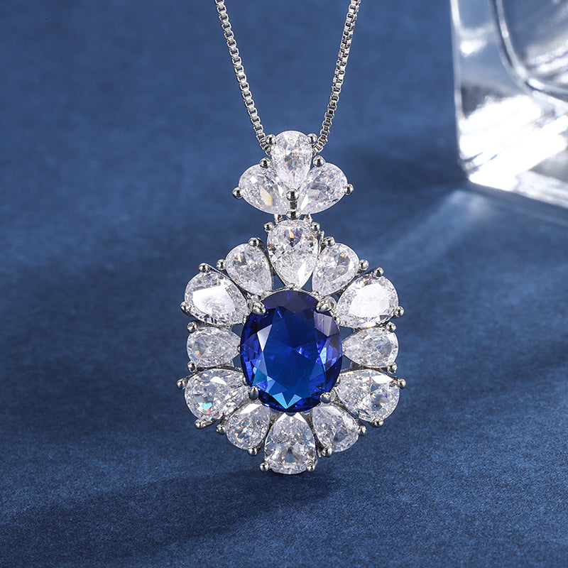 Vintage Blue Zircon Jewelry Set - Necklace, Ring & Earrings with Cubic Zirconia, Copper Base Elegant Statement Jewelry for Women