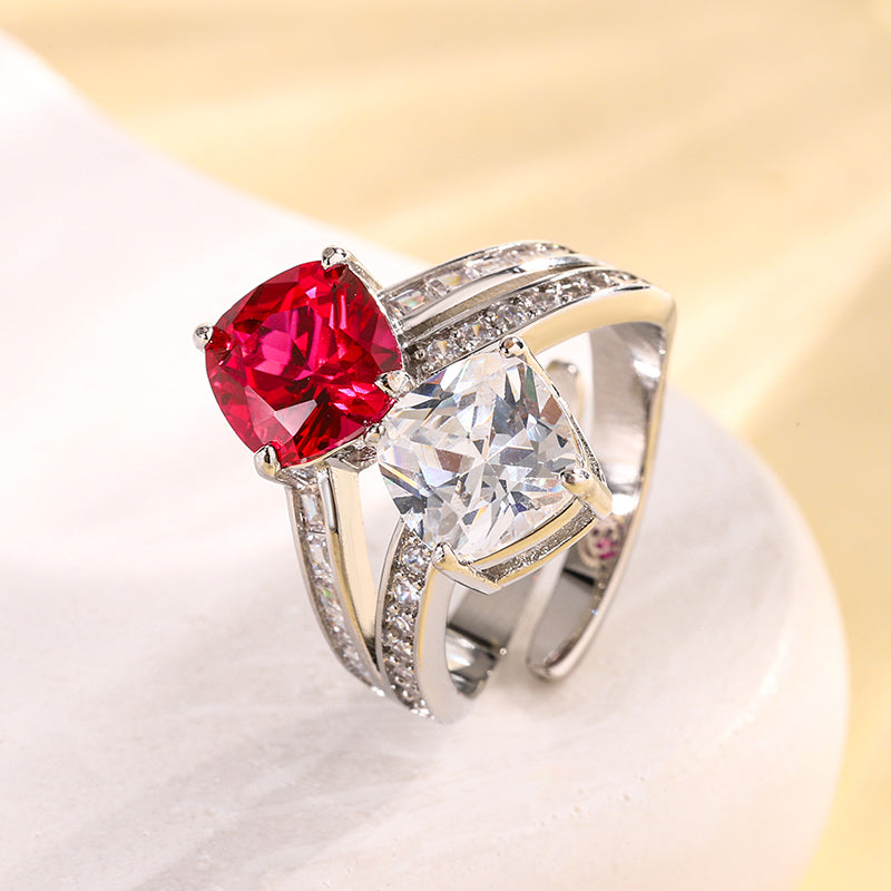 Dual-Stone Cushion-Cut Cubic Zirconia Ring for Women – 3 Styles (Ruby Red, Emerald Green, Sapphire Blue) with Copper Alloy Setting