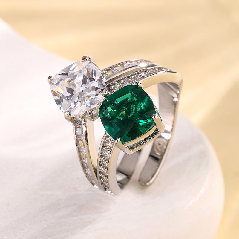 Dual-Stone Cushion-Cut Cubic Zirconia Ring for Women – 3 Styles (Ruby Red, Emerald Green, Sapphire Blue) with Copper Alloy Setting
