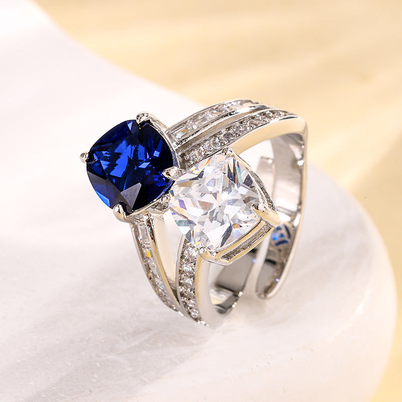 Dual-Stone Cushion-Cut Cubic Zirconia Ring for Women – 3 Styles (Ruby Red, Emerald Green, Sapphire Blue) with Copper Alloy Setting