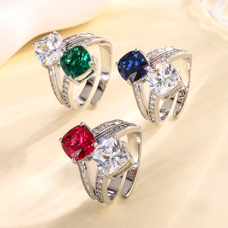 Dual-Stone Cushion-Cut Cubic Zirconia Ring for Women – 3 Styles (Ruby Red, Emerald Green, Sapphire Blue) with Copper Alloy Setting