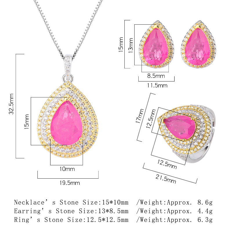 Teardrop Cubic Zirconia Jewelry Set – Pink & Purple Options, Ring, Necklace & Earrings with Two-Tone Gold-Silver Design