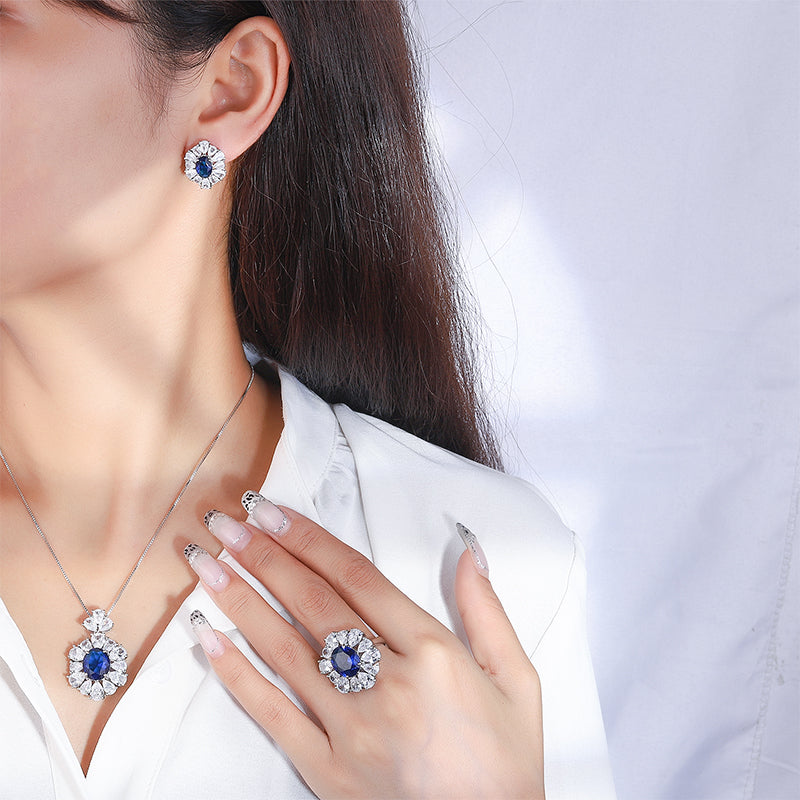 Vintage Blue Zircon Jewelry Set - Necklace, Ring & Earrings with Cubic Zirconia, Copper Base Elegant Statement Jewelry for Women