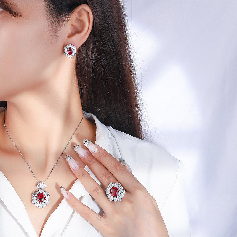 Vintage Red Zircon Jewelry Set - Necklace, Ring & Earrings with Cubic Zirconia, Copper Base Luxury Statement Jewelry for Women