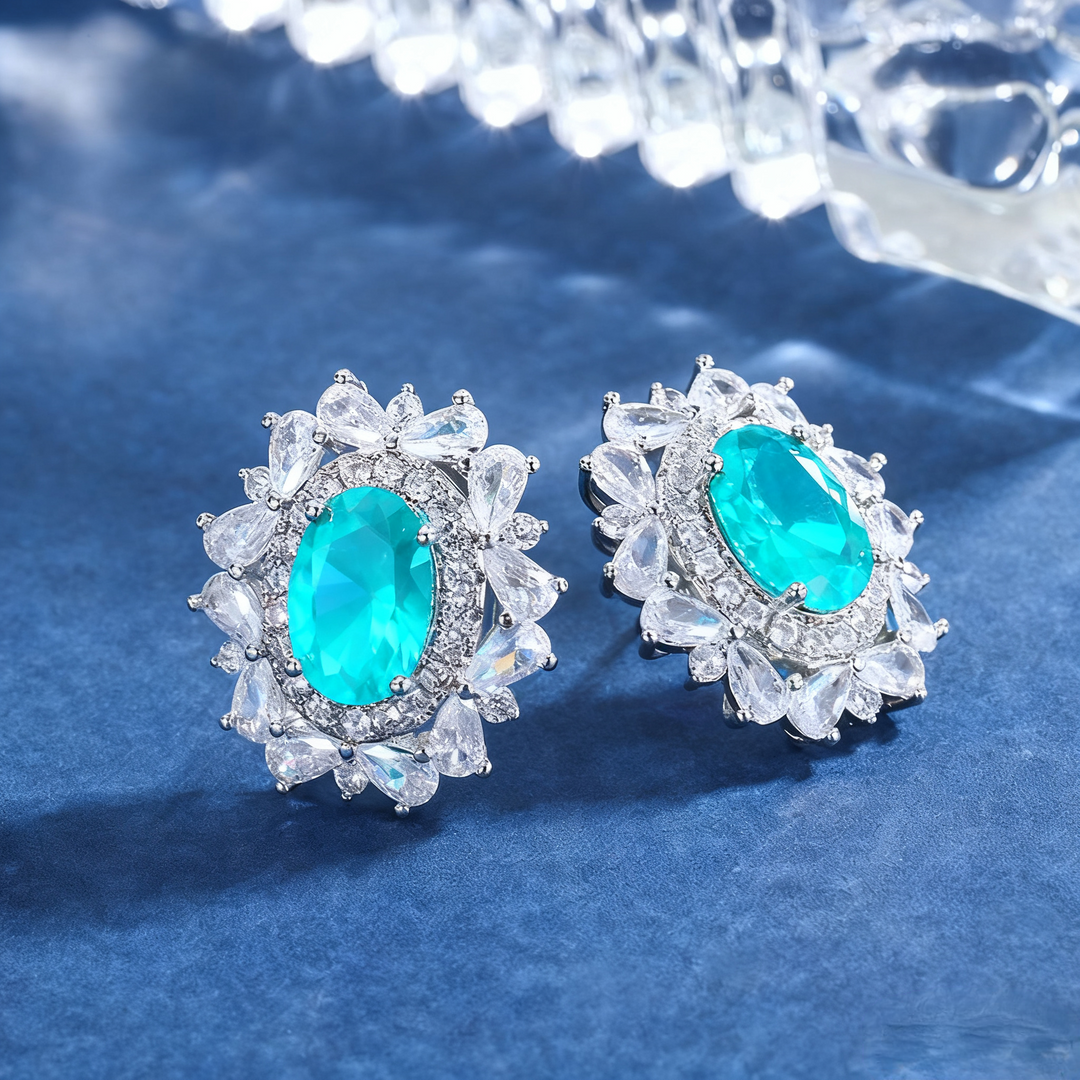 Neon Blue-Green Paraiba Tourmaline-Inspired Jewelry Set – Necklace, Ring & Earrings with Silver-Tone Floral Design