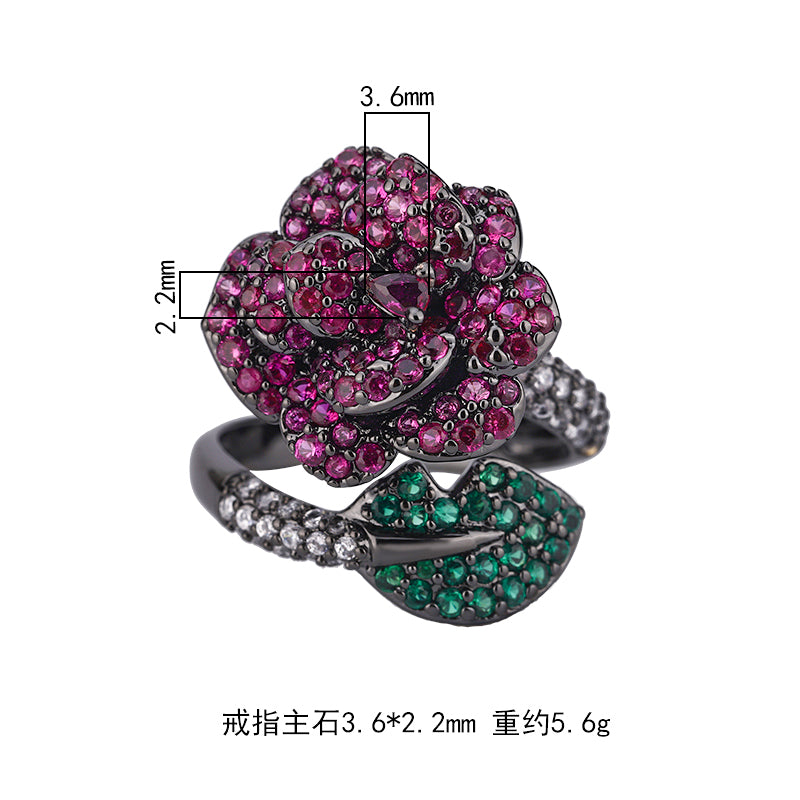 Vintage Rose Flower Ring for Women – Black Plated Copper Alloy with Pink, Green Cubic Zirconia Accents