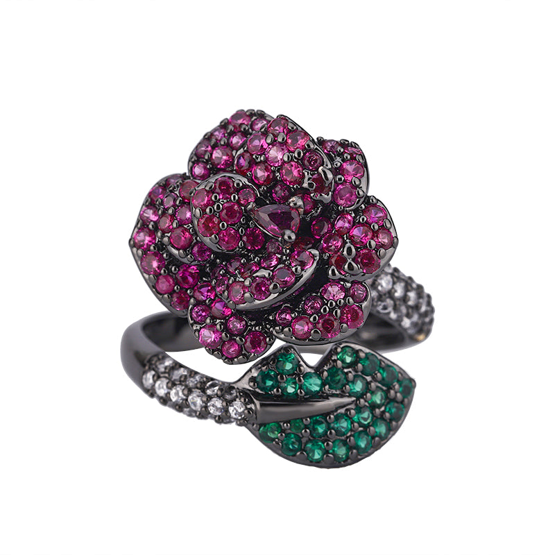 Vintage Rose Flower Ring for Women – Black Plated Copper Alloy with Pink, Green Cubic Zirconia Accents