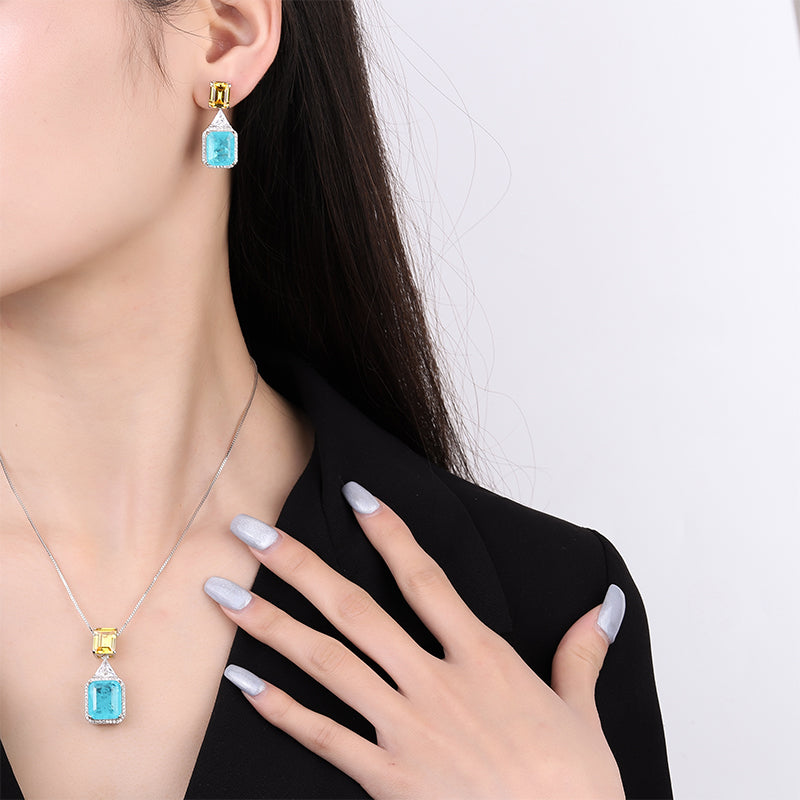 Geometric Two-Tone Cubic Zirconia Jewelry Set – Emerald Green & Sky Blue Options, Necklace & Earrings with Silver-Tone Design