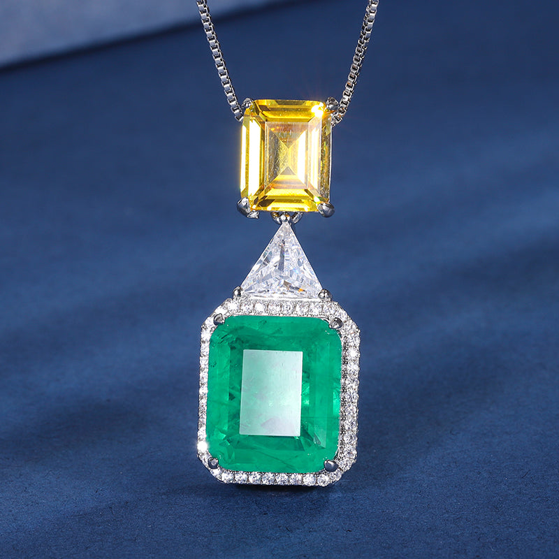 Geometric Two-Tone Cubic Zirconia Jewelry Set – Emerald Green & Sky Blue Options, Necklace & Earrings with Silver-Tone Design