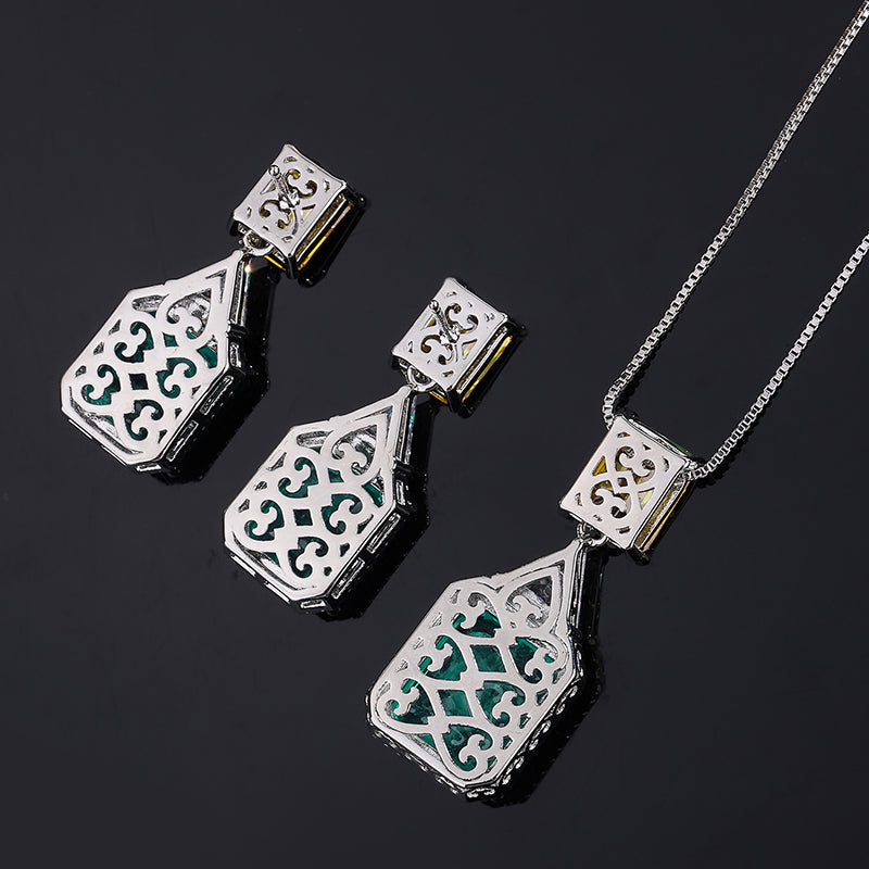 Geometric Two-Tone Cubic Zirconia Jewelry Set – Emerald Green & Sky Blue Options, Necklace & Earrings with Silver-Tone Design