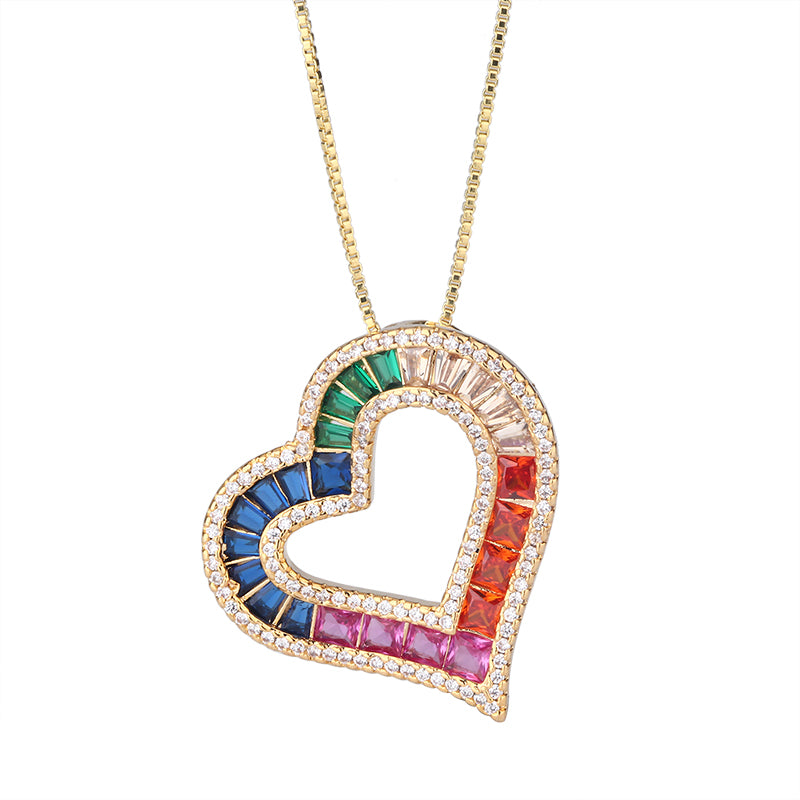 Rainbow Heart Shaped Cubic Zirconia Pendant Necklace for Women – 2 Styles (Silver, Gold) with Copper Alloy Chain