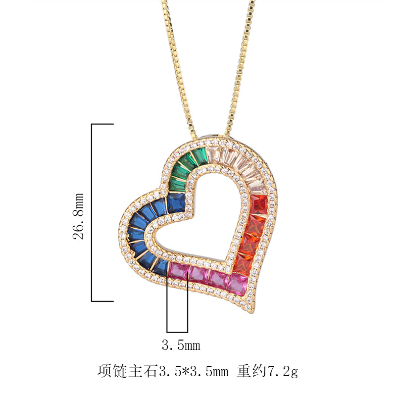 Rainbow Heart Shaped Cubic Zirconia Pendant Necklace for Women – 2 Styles (Silver, Gold) with Copper Alloy Chain