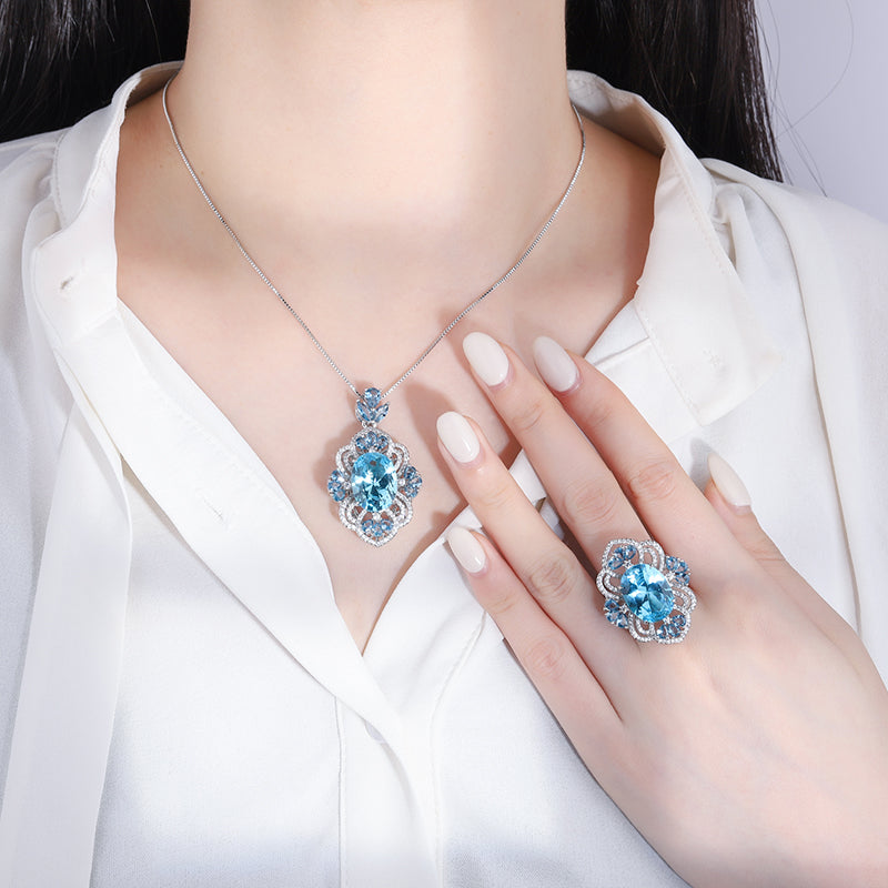 Vintage Style Blue Topaz Pendant Necklace for Women – Copper with Intricate Floral Design