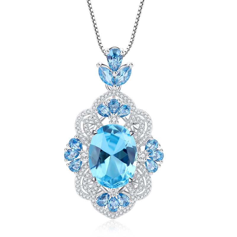 Vintage Style Blue Topaz Pendant Necklace for Women – Copper with Intricate Floral Design