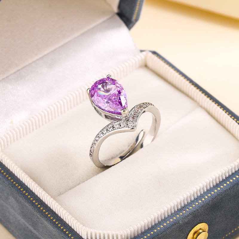 Luxury Pear-Cut Colored Cubic Zirconia Ring for Women – 2 Styles (Yellow, Purple) with Copper Alloy Setting