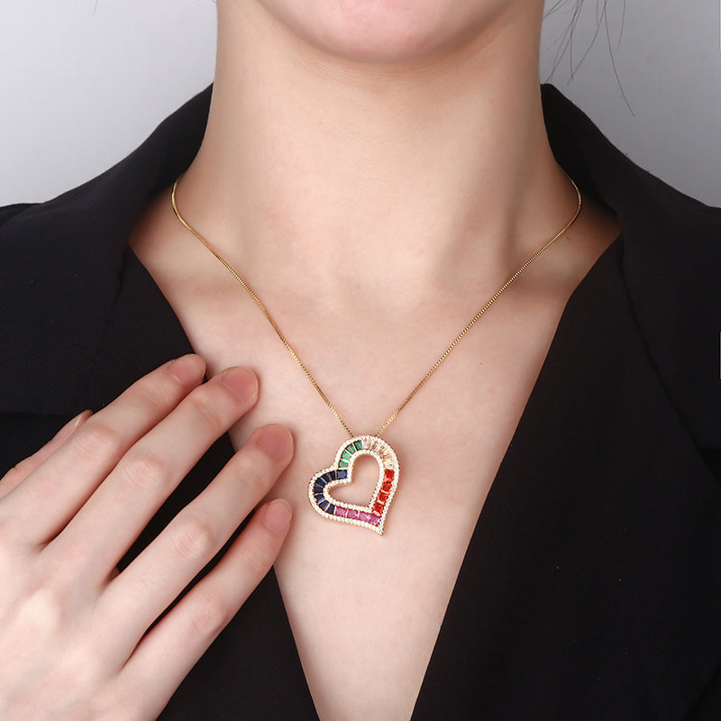 Rainbow Heart Shaped Cubic Zirconia Pendant Necklace for Women – 2 Styles (Silver, Gold) with Copper Alloy Chain
