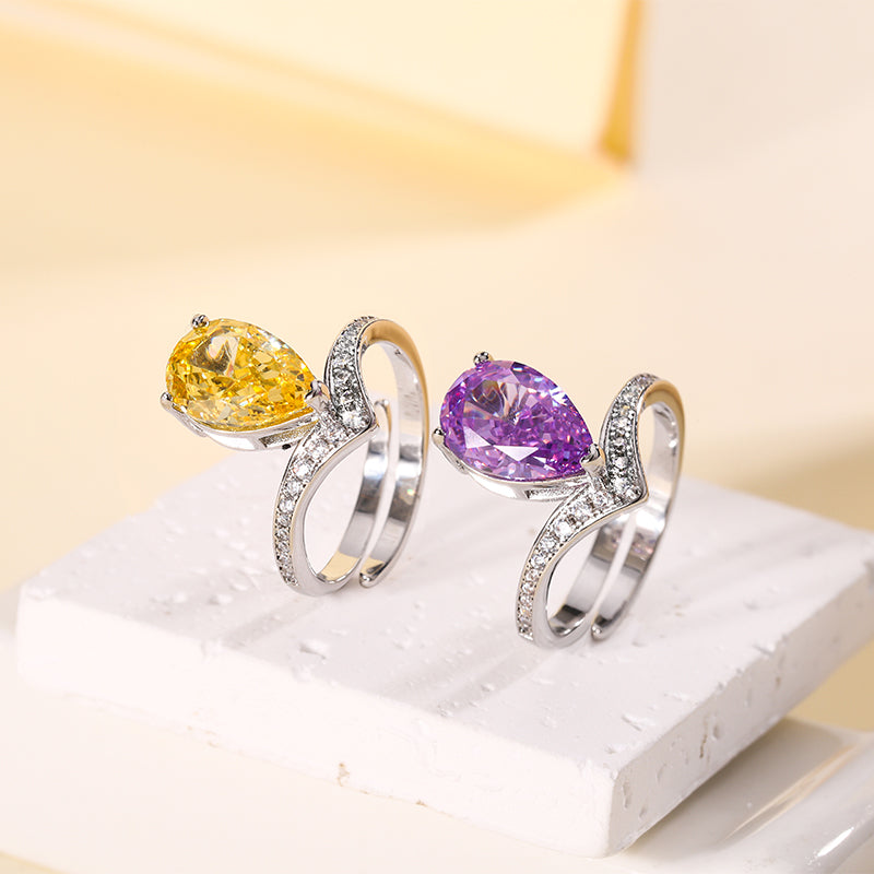 Luxury Pear-Cut Colored Cubic Zirconia Ring for Women – 2 Styles (Yellow, Purple) with Copper Alloy Setting